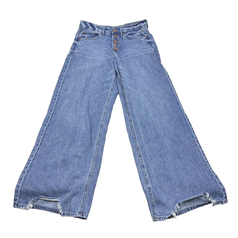 Rewash Button Fly Jeans Womens Jrs‎ Sz 9 Blue High Rise Wide Leg Distressed Hem